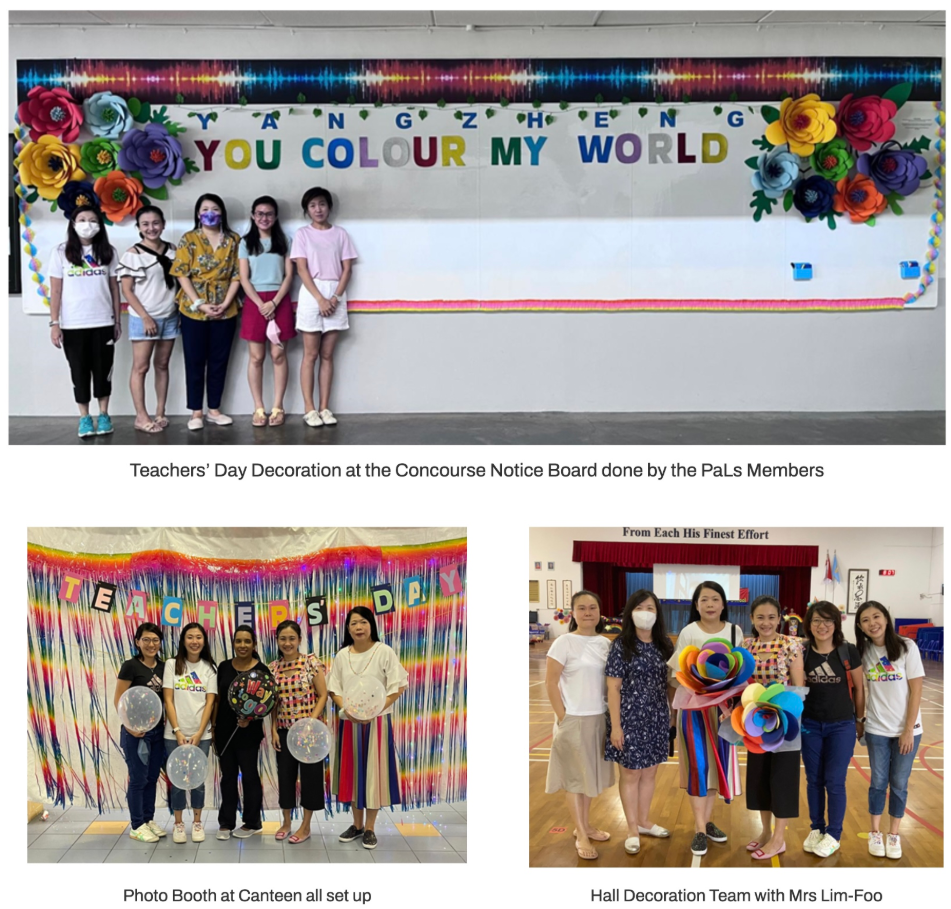 Five people stand before a colorful bulletin board reading "You Colour My World" decorated with paper flowers.